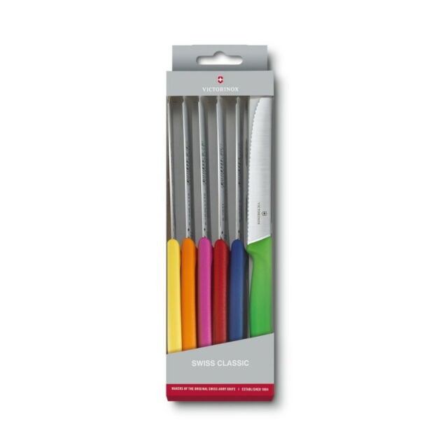 Set of 6 Swiss Classic table or kitchen knives with colored handles in Victorinox gift box